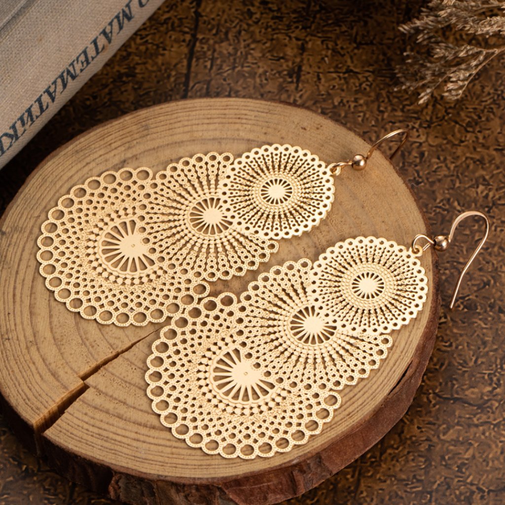 Boho Lightweight Intricate Gold Carved Tiered Round Mandala Dangle Earrings New 16$